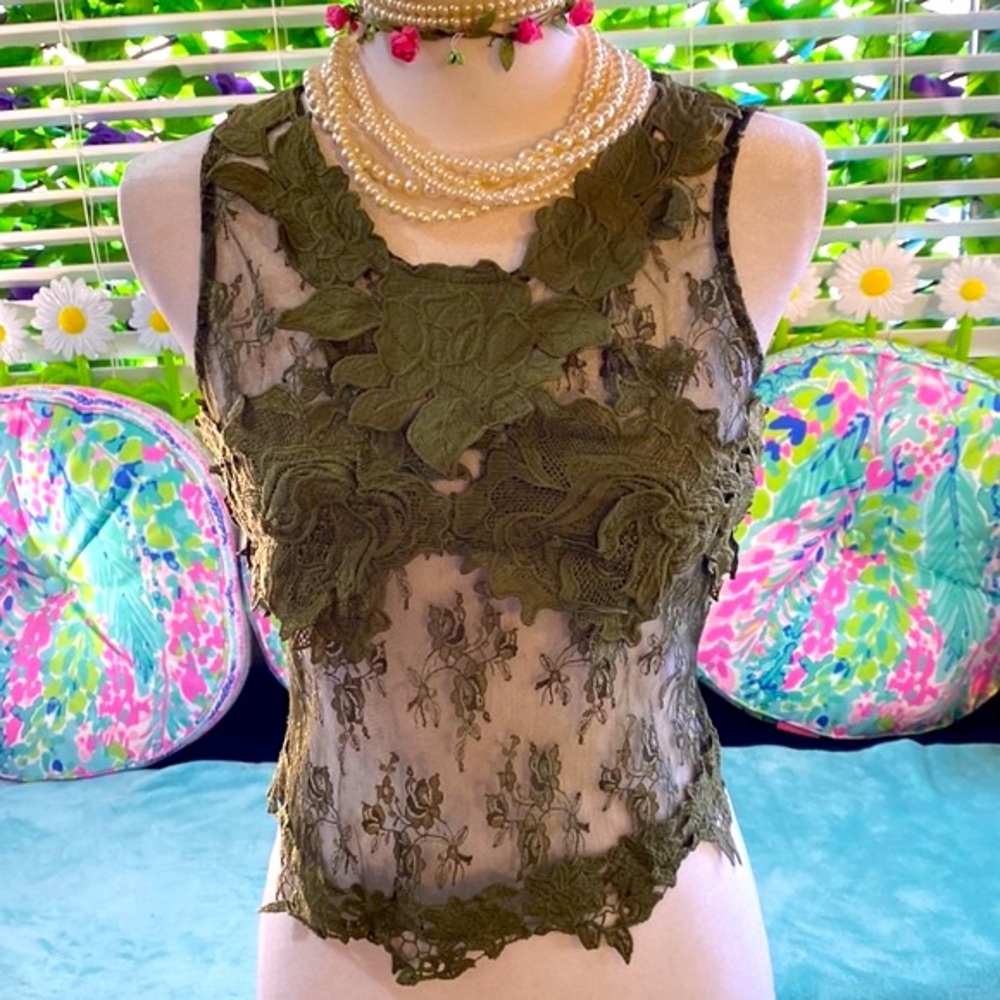Top Chic sheer olive green lace top with appliqué bust